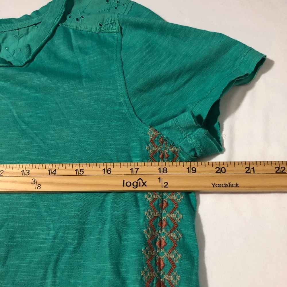 Sundance cotton Henley tshirt blue embroidery pointelle shoulder turquoise sz S - Picture 6 of 13